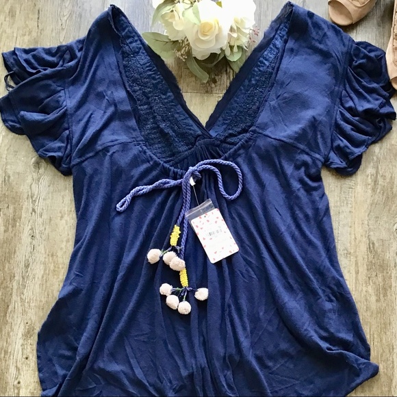 NWT Free People Fiesta Blue Boho Ruffled Tunic - Picture 2 of 4